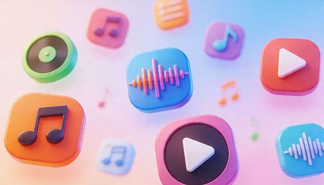 Vibrant floating music app icons glossy 3d play waveform vinyl neon pastel background