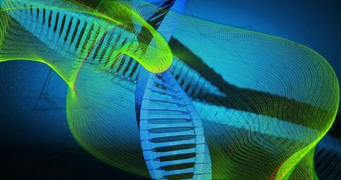 Flowing blue helix ribbon weaving through neon mesh wave with translucent particle strands