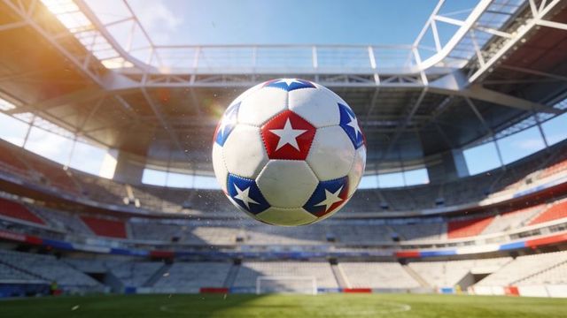 Floating soccer ball featuring red and blue star panels in sunlit stadium midair action
