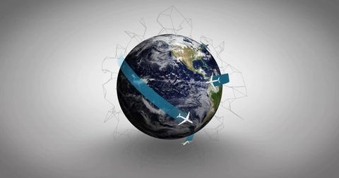 Global Air Connectivity Concept Rotating Earth with Planes, Ribbon and Network Mesh