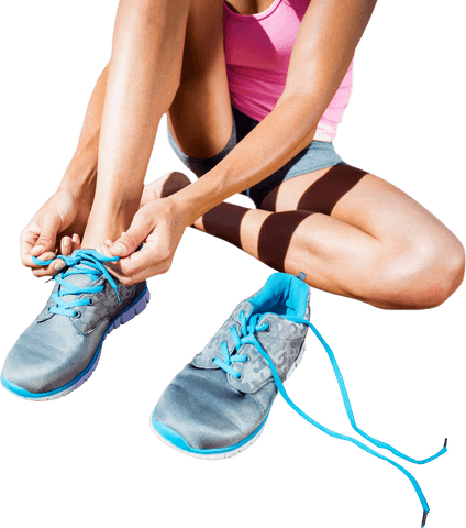Transparent athletic woman tying running shoes ready for exercise