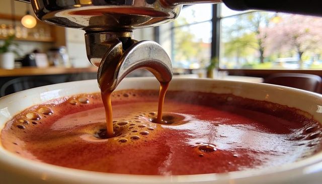 Espresso pouring rich crema from portafilter spout into white cup in sunlit cafe