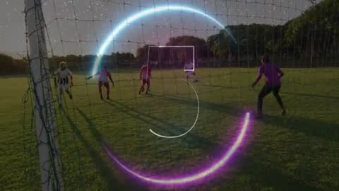 Young Soccer Players in Intense Game with Futuristic Animation