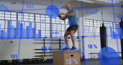 Athlete performing medicine ball plyo box jump with fitness analytics and data visuals