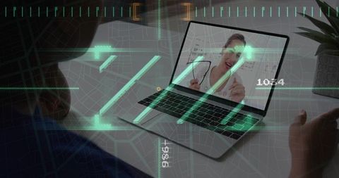 Telemedicine consultation on laptop with augmented reality video HUD overlay for remote care