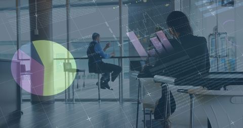 Digital Financial Data Overlapping Business Meeting in Modern Office