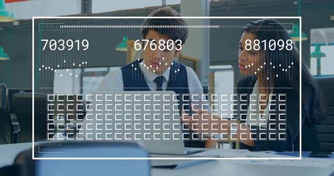 Business colleagues collaborating and analyzing laptop with futuristic HUD analytics overlay