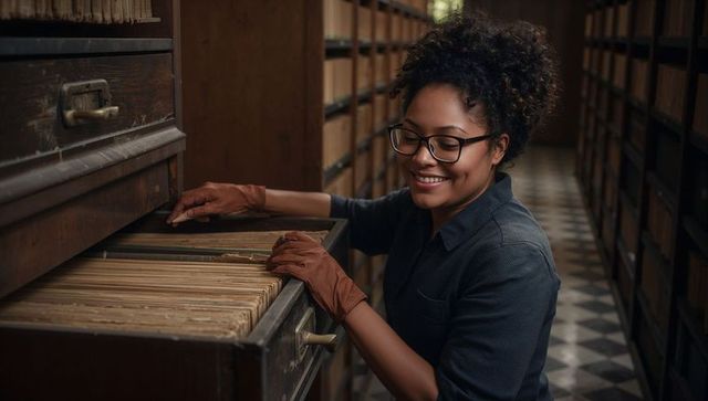 Archivist searching vintage records in wooden filing cabinet corridor with gloves