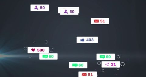 Floating social notifications hud displaying likes followers comments messages analytics