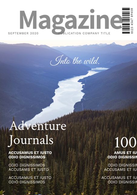 This cover is ideal for magazines focusing on travel, adventure, and nature. The stunning mountain landscape and expansive river view evoke a sense of exploration and wilderness, perfect for content related to outdoor activities, hiking, or environmental themes.