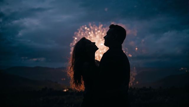 Silhouetted Romantic Couple Embracing During Fireworks at Dusk