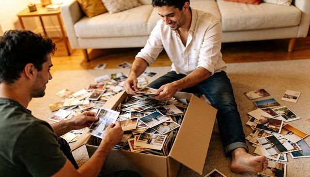 Two men sorting box of printed memories on living room rug, reminiscing and organizing
