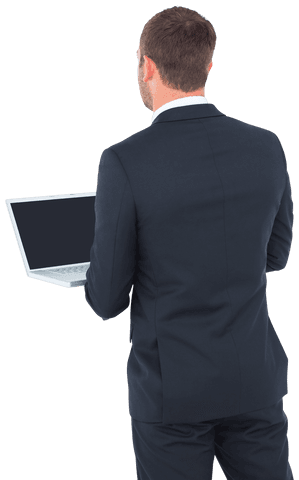 Transparent businessman holding laptop in formal suit