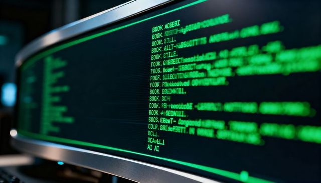 Curved ultrawide monitor displaying green terminal code on metal bezel in dark workspace