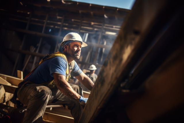 Construction worker kneeling and installing a skylight at a construction site. He is wearing a white hard hat, safety gear, and work gloves. Sunlight is shining through the partially completed structure, highlighting teamwork and diligence. Perfect for industry, safety procedures, construction, and building technology promotions.