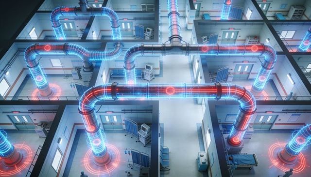 Holographic hvac airflow visualization spanning hospital ward grid, neon duct network overlay
