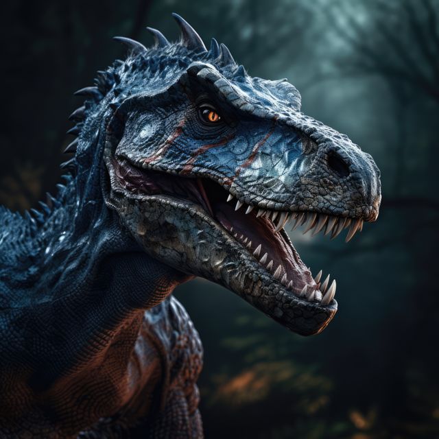 This striking depiction of a fierce dinosaur, set against the backdrop of a mystical forest, showcases impressive, lifelike details and a sense of raw power. Useful for educational materials, museum exhibit promotions, fantasy and adventure stories, sci-fi book covers, and nature documentaries.