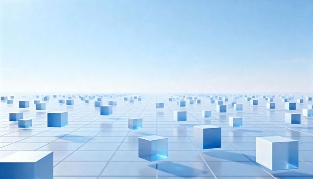Futuristic glossy tiled grid with glowing translucent blue cubes receding into horizon
