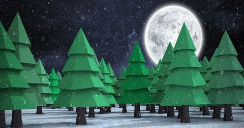 Snow Falling on Winter Night with Full Moon and Fir Trees