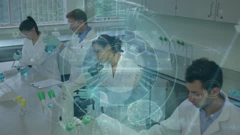 Diverse Scientists Analyzing Samples with Futuristic Overlays