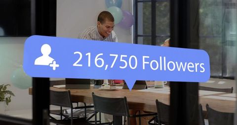 Blue followers notification overlaying office team celebrating social media milestone