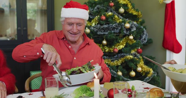 Smiling Elderly Man Enjoying Christmas Meal Near Decorated Tree - Download Free Stock Images Pikwizard.com