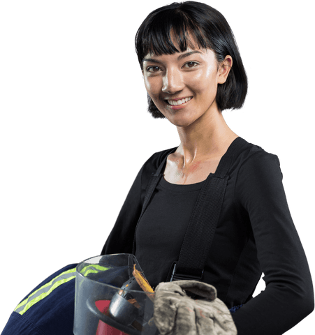 This transparent image of a confident woman holding a safety helmet can be used in promotional materials highlighting female professionals in engineering or architecture fields. Ideal for use in presentations, brochures, and websites focusing on career opportunities or gender diversity in technical industries.