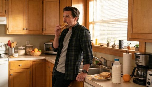 Man eating toast in sunlit rustic kitchen leaning on counter with breakfast