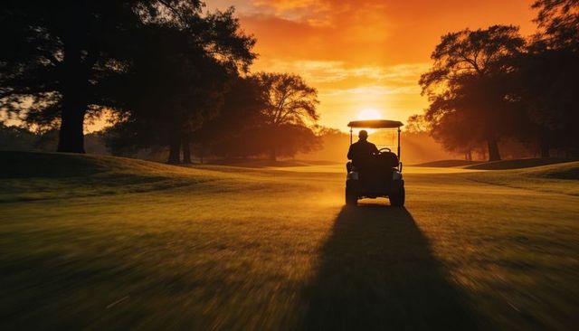 Driving golf cart across fairway at sunrise casting long golden shadow