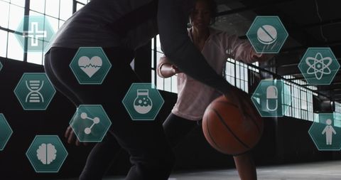 Basketball Game with Futuristic Medical Interface Graphics
