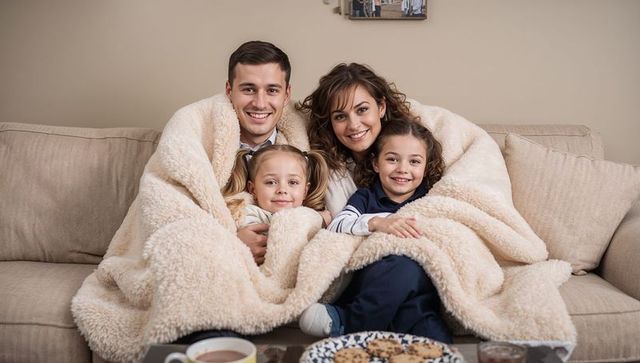 Cozy family snuggling under plush cream blanket on sofa, parents with two smiling children