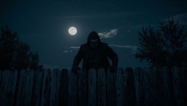 Masked figure climbing wooden fence under full moon at night, mysterious intruder silhouette