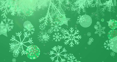 Green Holiday Background with Snowflakes and Baubles