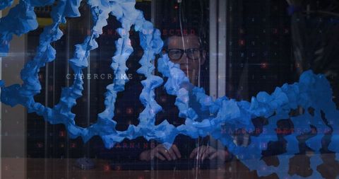 Cybersecurity expert analyzing malware with digital dna concept