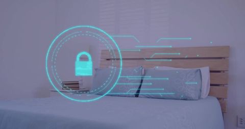 Smart bedroom security concept displaying holographic padlock over modern bed