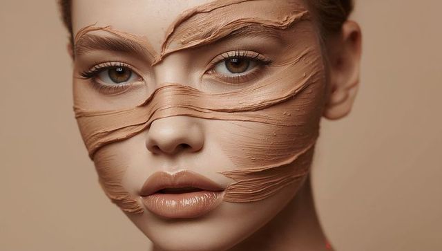 Closeup Beauty Portrait with Textured Beige Clay Mask, Sculpted Brows and Glossy Nude Lips