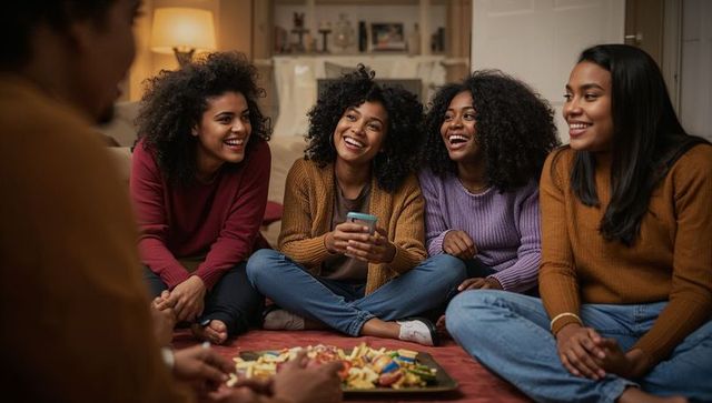 Laughing friends gathering on living room floor enjoying cozy snack night and phone sharing