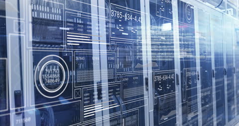 Futuristic Data Processing Overlay in Server Room