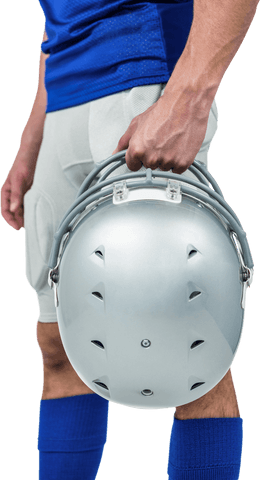 Transparent football player holding silver helmet on field
