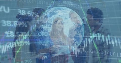 Global team collaborating with globe overlay showing stock market charts and data analytics