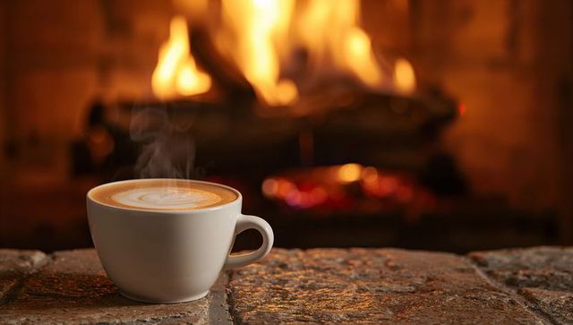 Steaming latte warming beside roaring fireplace on rustic stone hearth