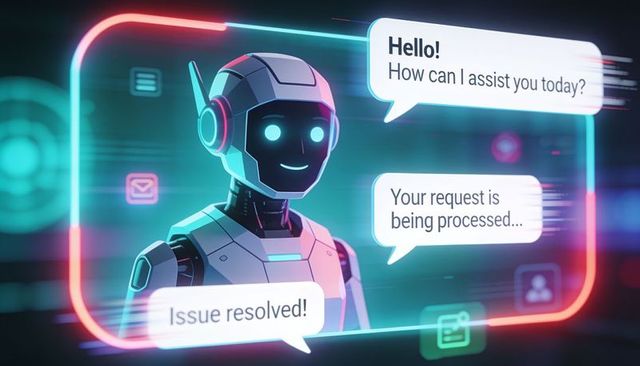Friendly humanoid ai assistant in neon holo chat interface resolving support queries