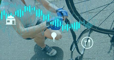 Female Cyclist Fixing Bicycle Wheel with Technological Elements