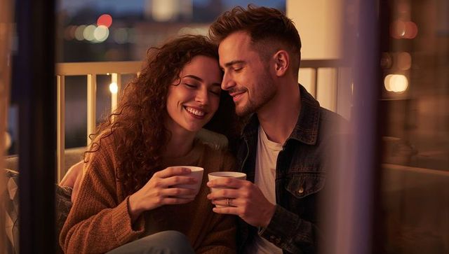 Romantic couple enjoying cozy evening on balcony holding warm mugs, intimate moment