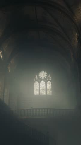 Vertical video of sunlit stained glass and drifting dust motes inside Gothic cathedral