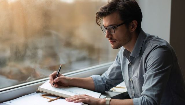 Focused young man sketching at window desk with pencils and notebook, creative studio workspace