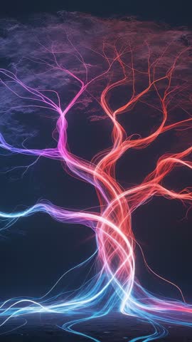 Vertical neon energy tree pulsing magenta to blue strands in futuristic digital void