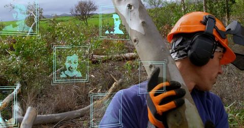 Ai technology identifies faces as worker cuts trees in forest
