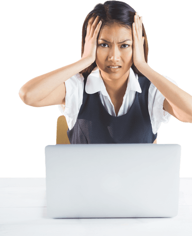 Stressed businesswoman at laptop transparent background