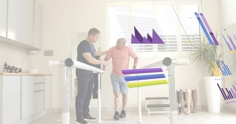 Clinician assisting patient with prosthetic leg during gait training and progress tracking